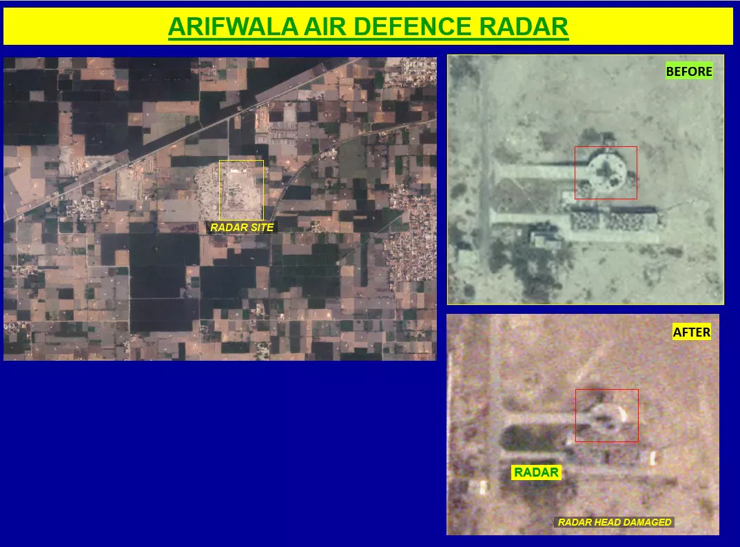 Arifwala radar site before and after showing radar head damaged by SEAD strike
