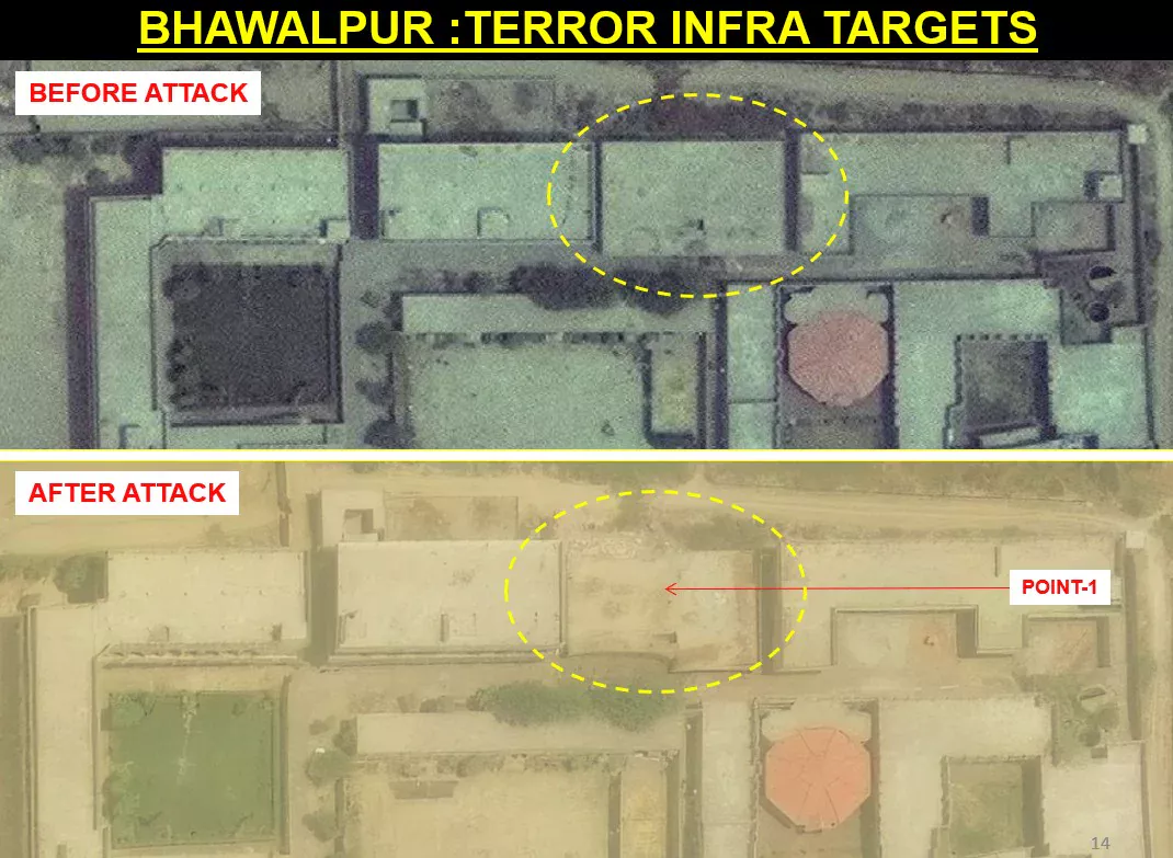 Bahawalpur JeM complex before and after attack — Point 1 showing structural damage