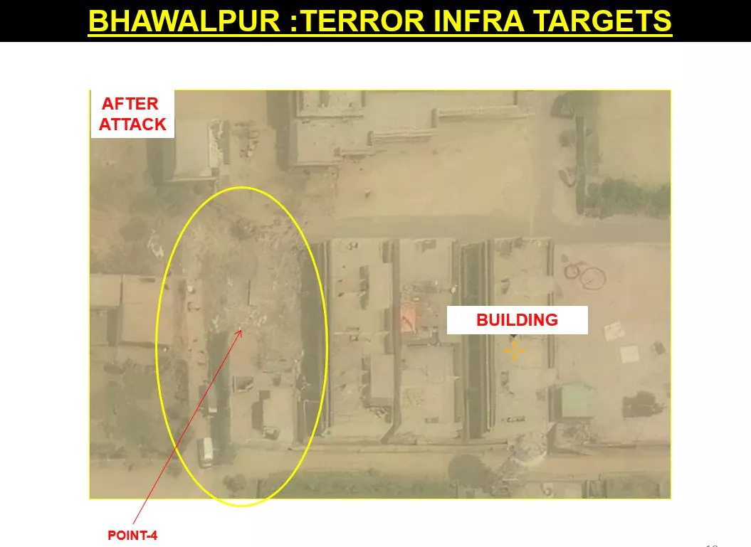 Bahawalpur JeM compound after attack — Point 4 showing levelled building