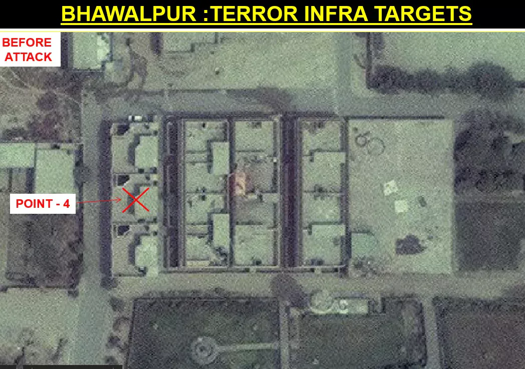 Bahawalpur JeM compound before attack — Point 4 marked on intact barracks