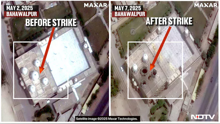 Maxar satellite imagery showing Bahawalpur mosque before and after strike — May 2 vs May 7 2025