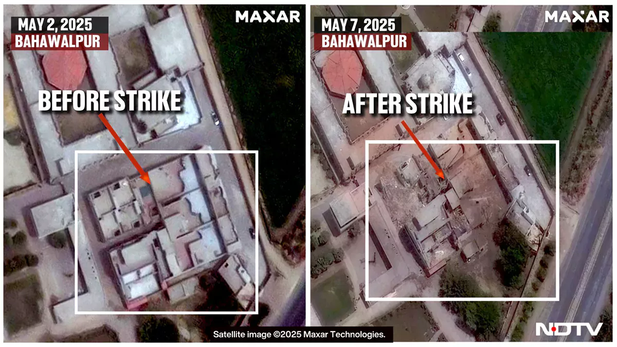Maxar satellite imagery showing wider Bahawalpur JeM compound before and after strike