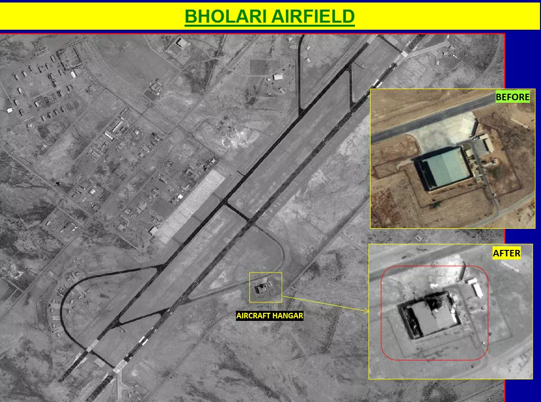 Bholari airbase before and after showing aircraft hangar destroyed with Erieye AWACS