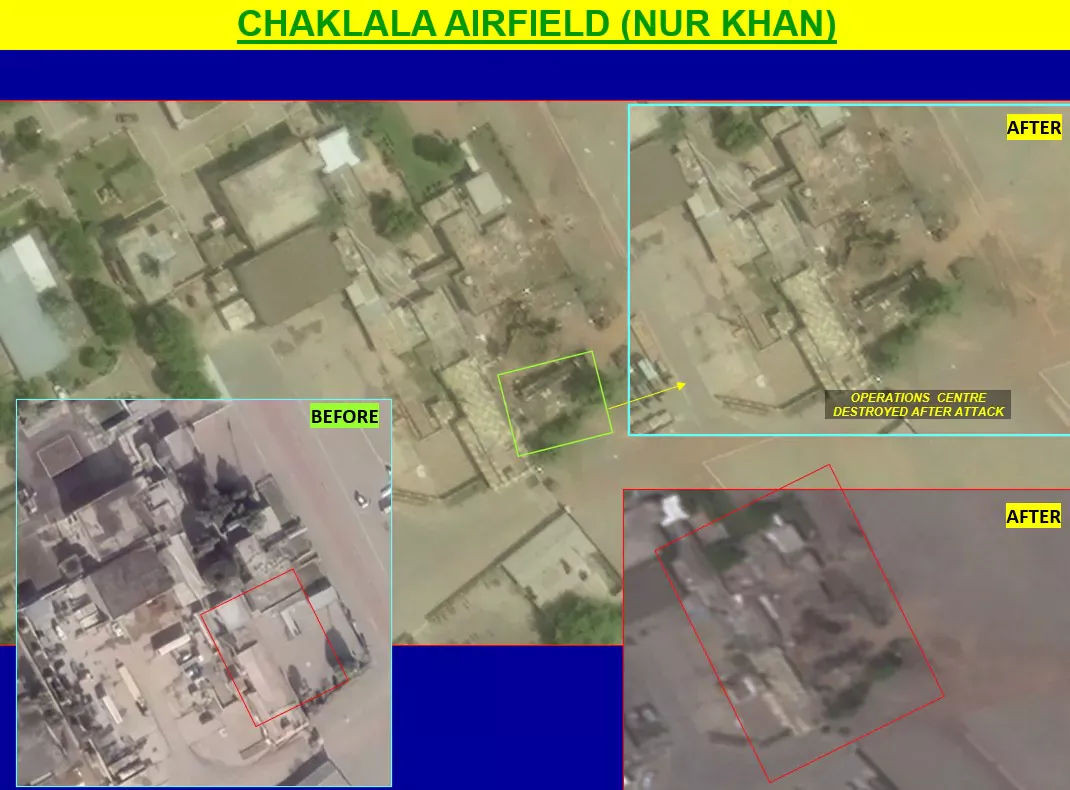 PAF Nur Khan Chaklala airbase before and after strike showing operations centre destroyed