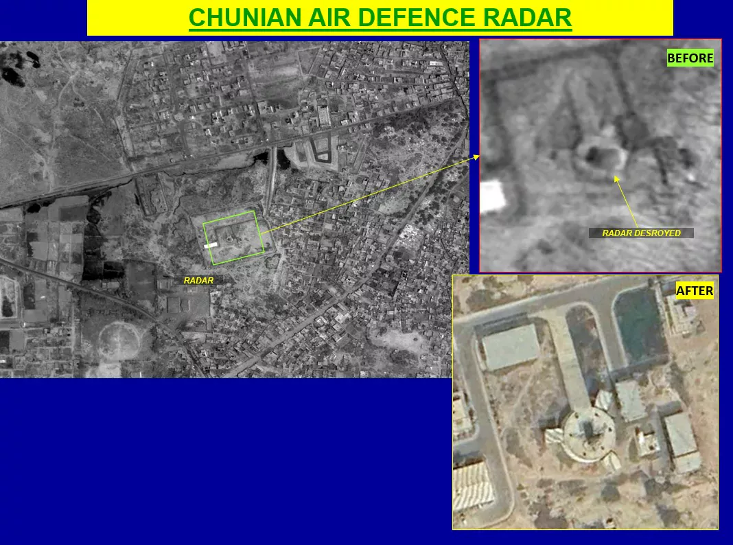 Chunian radar site before and after showing radar installation completely destroyed