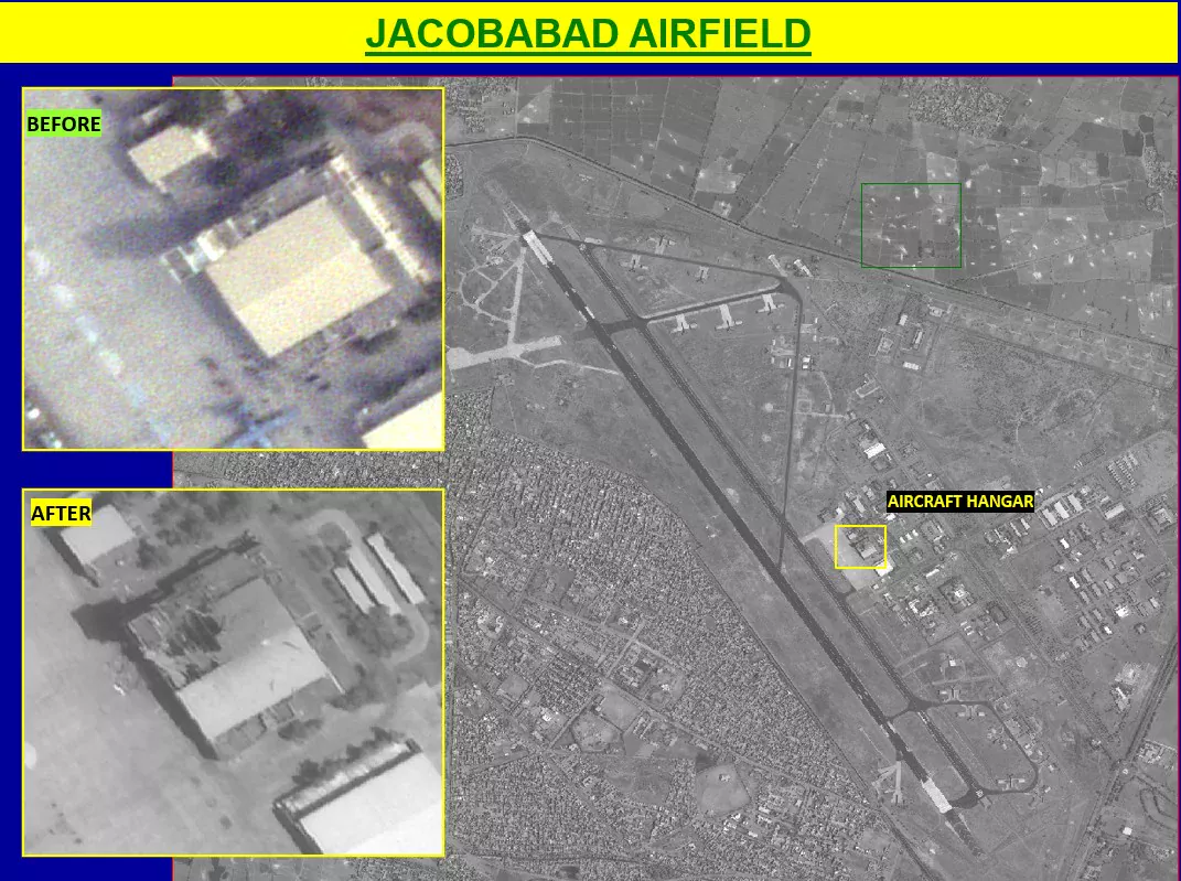 Jacobabad airbase before and after showing aircraft hangar destroyed