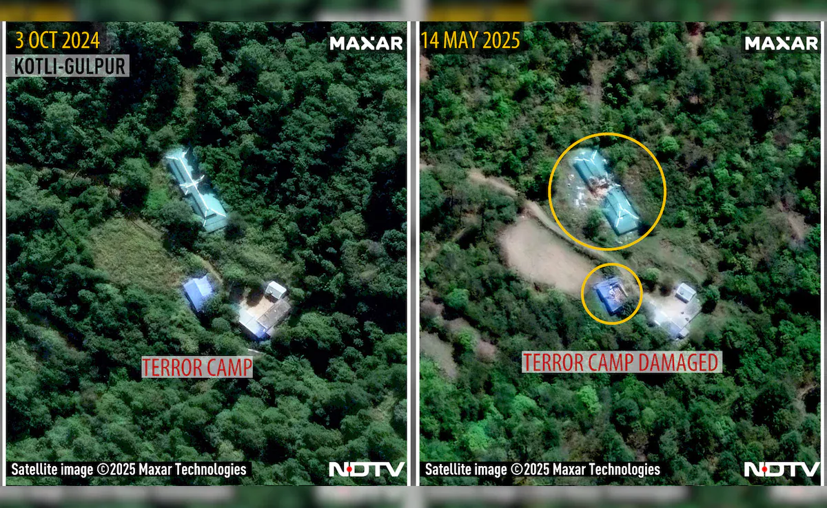 Kotli-Gulpur terror camp before and after strike — Oct 2024 vs May 2025 showing damaged structures