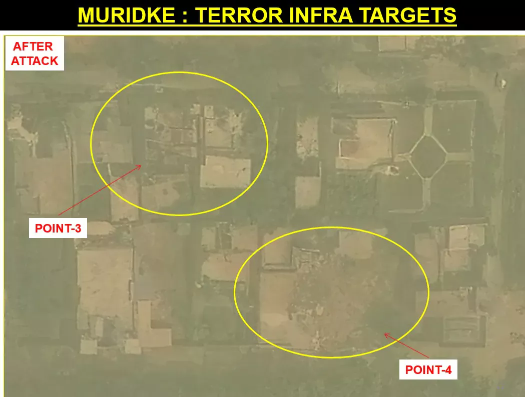 Muridke compound after attack — Points 3-4 showing extensive destruction across multiple buildings