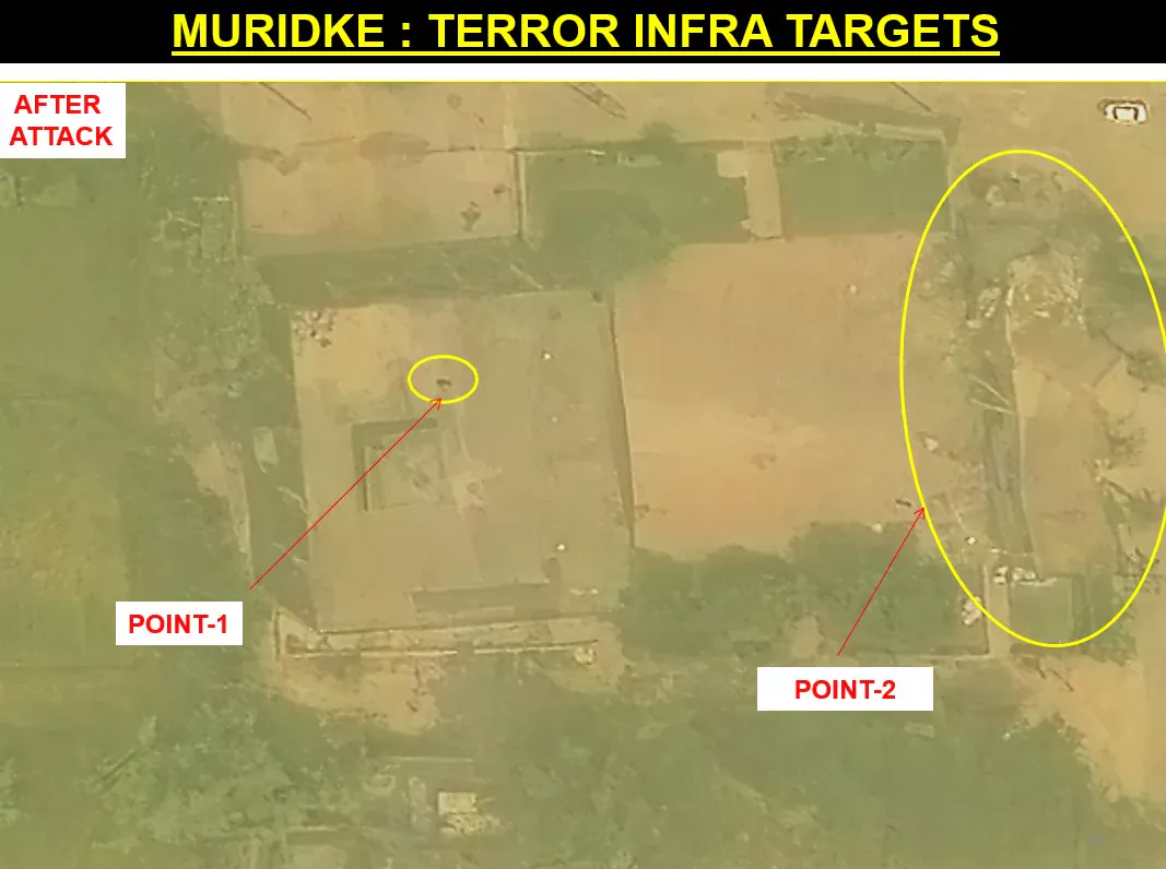 Muridke Markaz Taiba after attack — Points 1-2 showing structural destruction