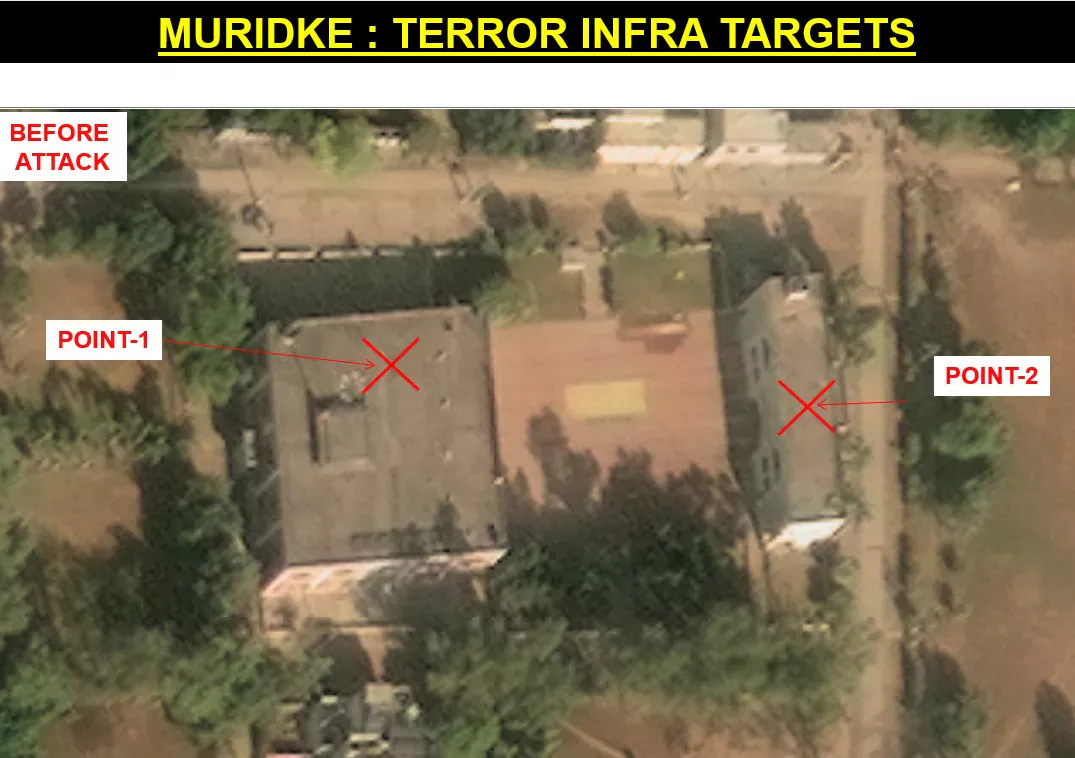 Muridke Markaz Taiba before attack — Points 1-2 marked on intact compound
