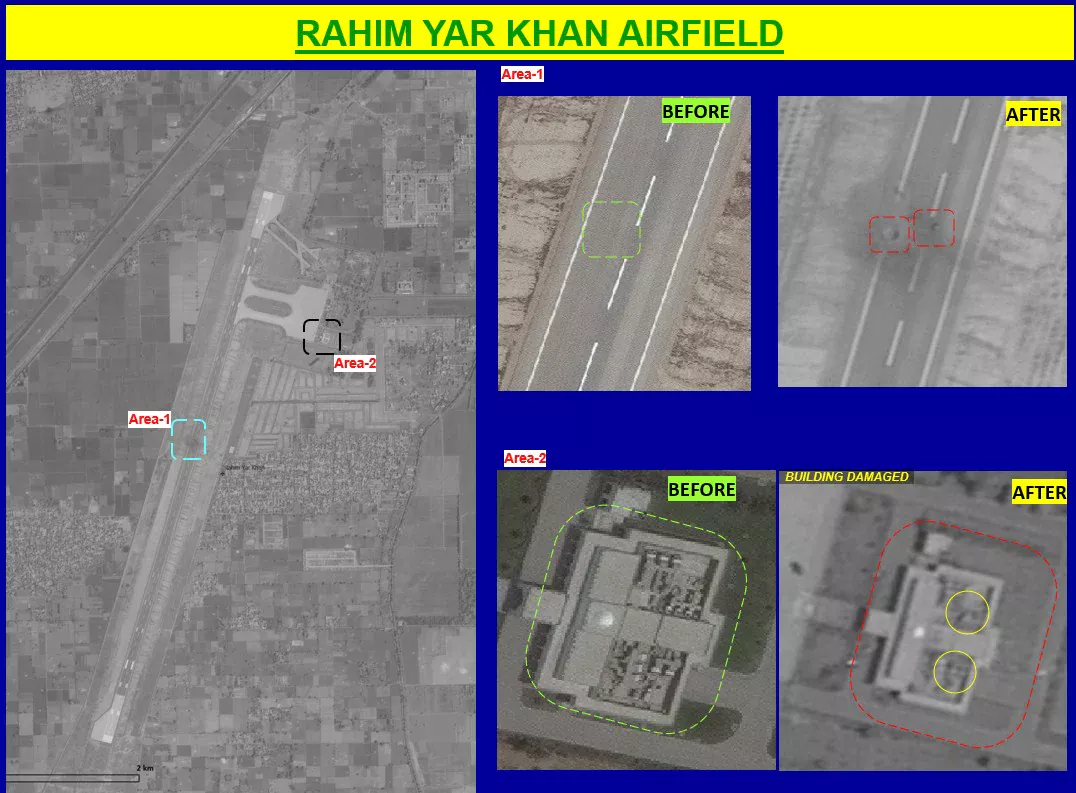 Rahim Yar Khan Sheikh Zayed airbase before and after showing runway and building damage