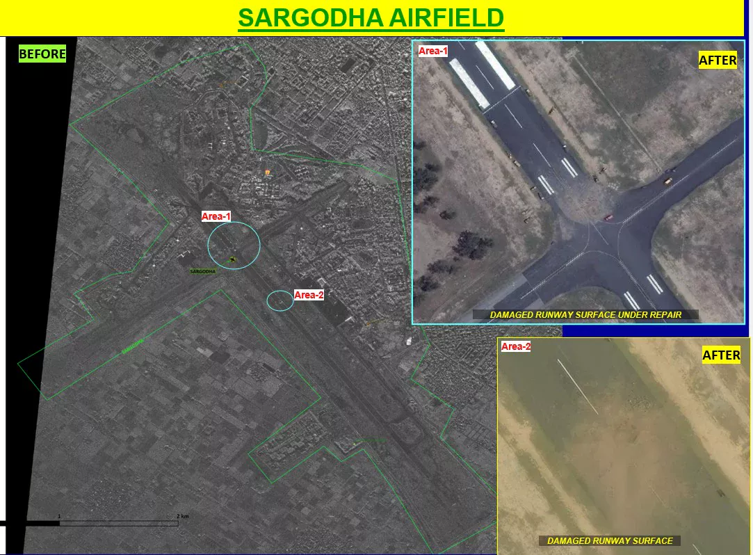 Sargodha Mushaf airbase before and after showing runway damage at two areas