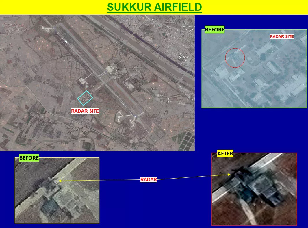 Sukkur airbase radar site before and after showing destroyed radar installation